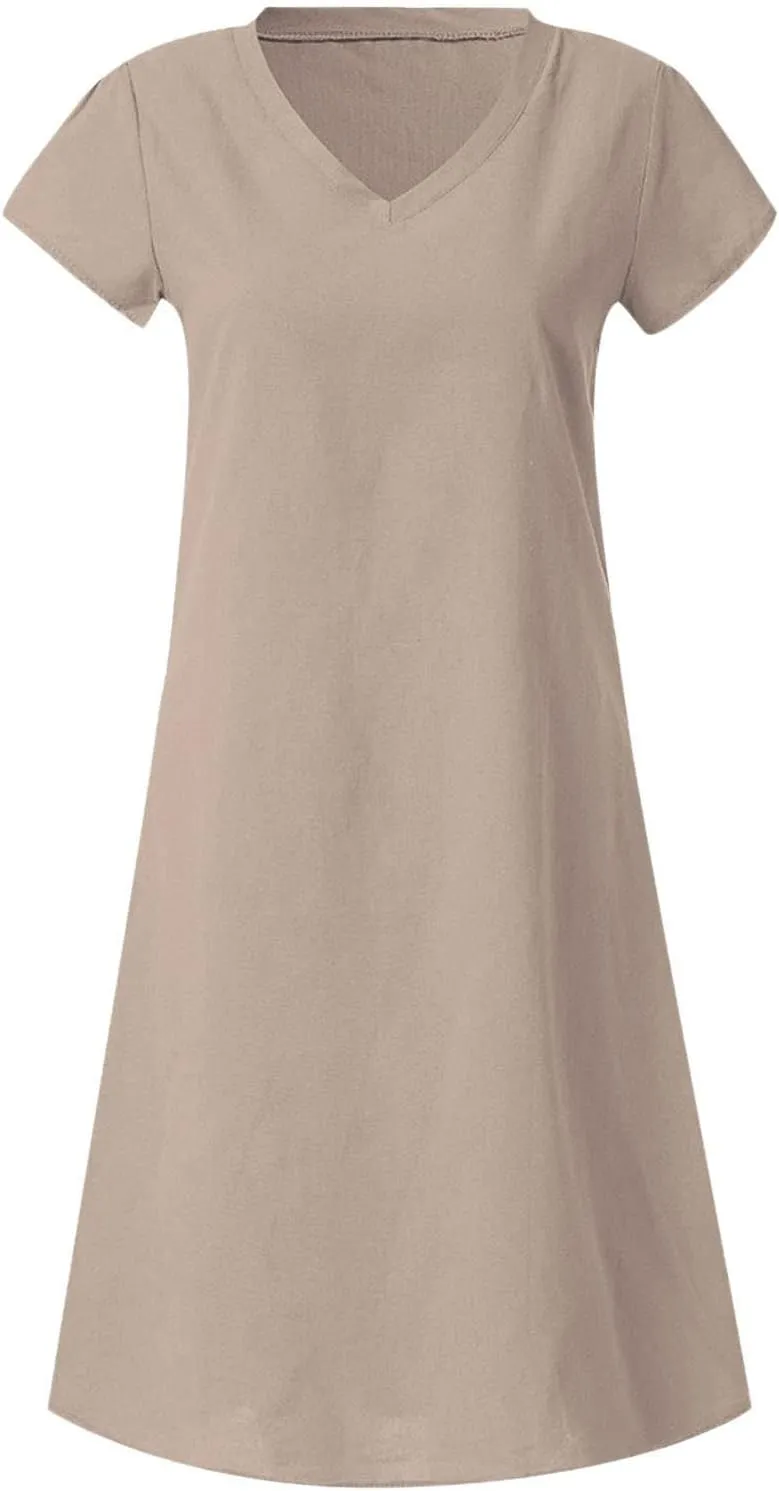 FZYLQY Womens Slim Dresses 2024 Ladies Summer Solid Cotton Linen Dress Short Sleeve V-Neck Dress Plus Size Mid-Calf Dress