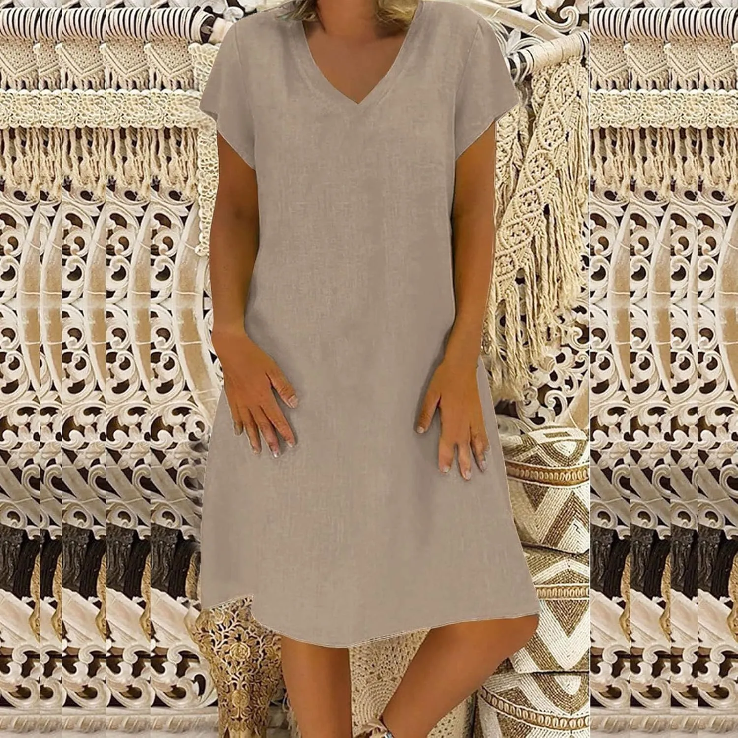 FZYLQY Womens Slim Dresses 2024 Ladies Summer Solid Cotton Linen Dress Short Sleeve V-Neck Dress Plus Size Mid-Calf Dress