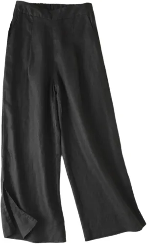 Gihuo Womens Cotton Linen Blend Pants Wide Leg Summer Capri Pants Elastic Waist Side Slit Trousers wiht Pockets