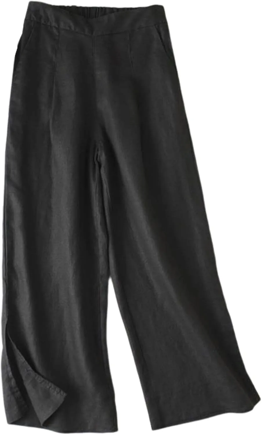 Gihuo Womens Cotton Linen Blend Pants Wide Leg Summer Capri Pants Elastic Waist Side Slit Trousers wiht Pockets