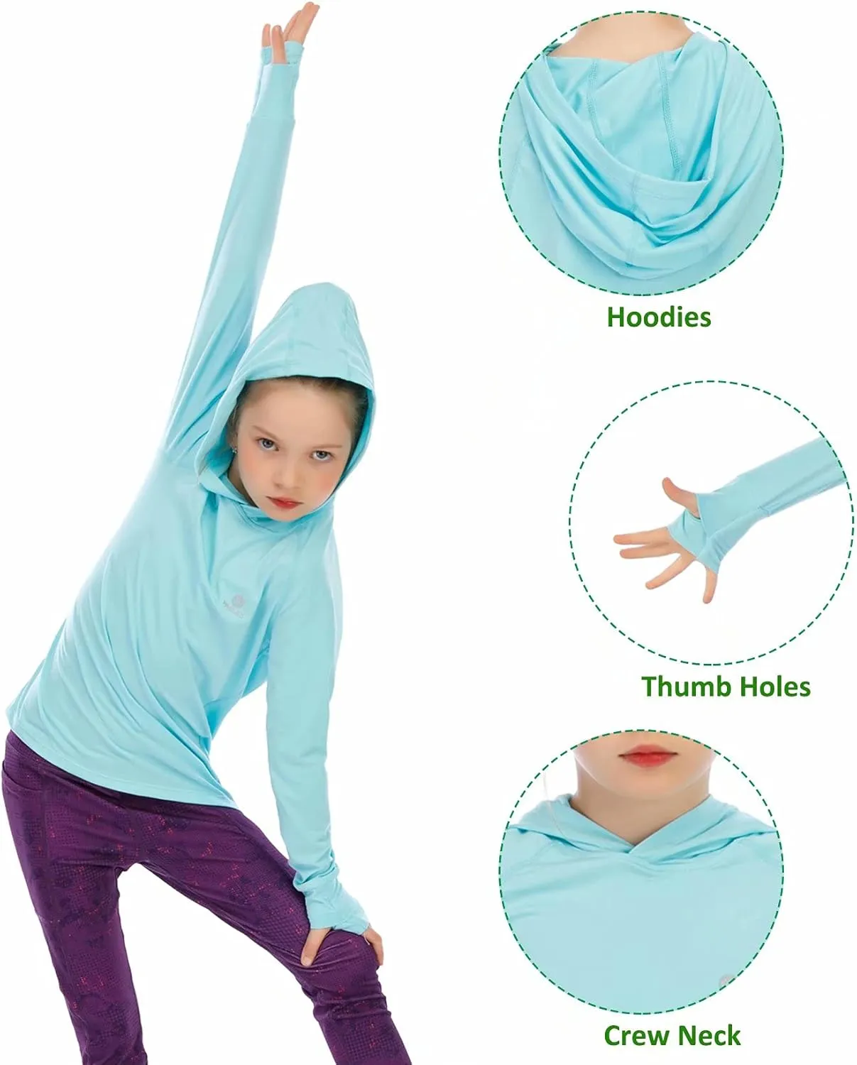 Girls Long Sleeve Shirt UPF50  Lightweight Hoodie Thin Active Tee Workout Running Pullover Top with Thumb Hole 3-12Years