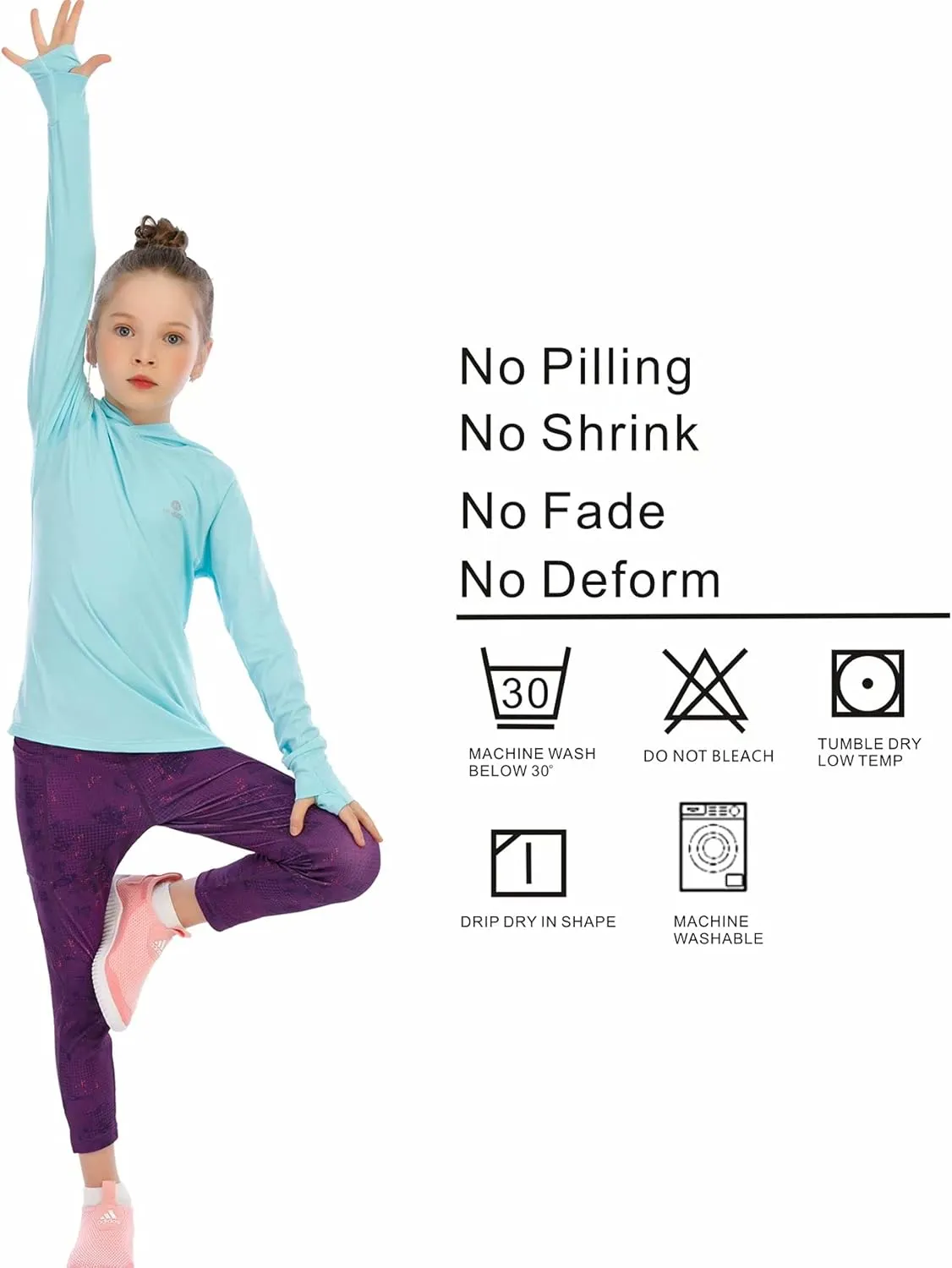 Girls Long Sleeve Shirt UPF50  Lightweight Hoodie Thin Active Tee Workout Running Pullover Top with Thumb Hole 3-12Years