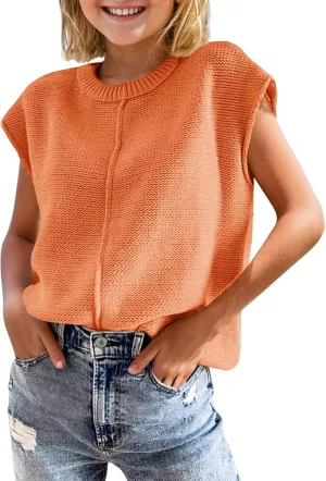 Girls Summer Cap Sleeve Tops Cute Casual Crew Neck Loose Knit Lightweight Teen Vests Fashion Shirts Tee Tops