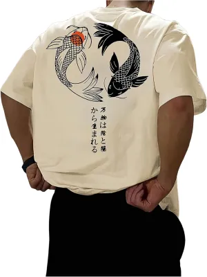 GORGLITTER Men's Japanese Letter Graphic Tee Top Oversized Short Sleeve Casual Aesthetic Print T-Shirt