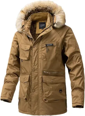 Haitpant Mens Winter Long Parkas Fleece Liner Hooded Jacket Thick Windbreaker Multi Pockets Cotton Padded Warm Coats