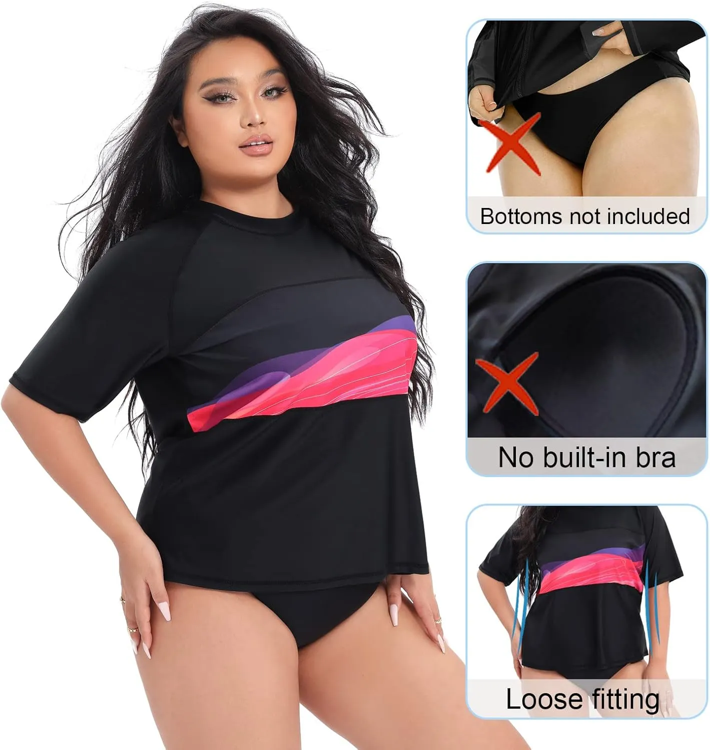 Halcurt Women's Plus Size Short Sleeve Rash Guard Swim Shirts Top Only Loose Fit Swim Tee UPF50  Swimsuit