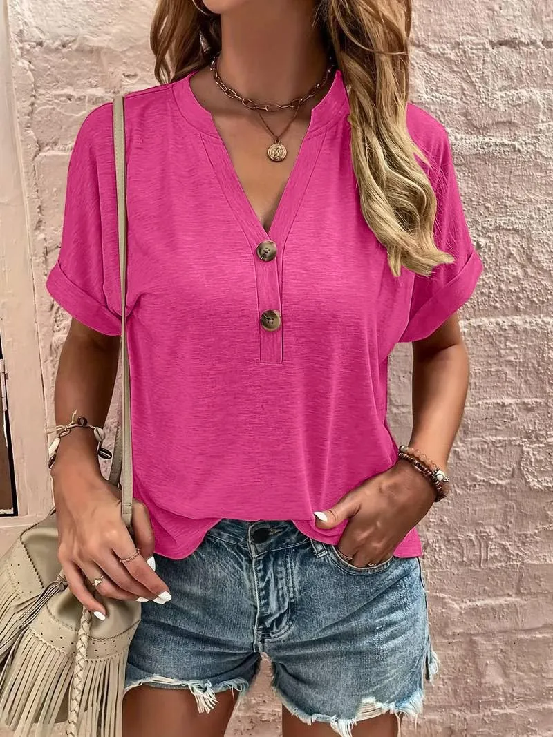 Halife Women's Casual Short Sleeve T Shirts Summer Button V Neck Tops Loose Fit Tee Shirt Blouse
