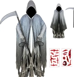 Halloween Loose Hooded Mesh Cloak with Sickle Vampire Wizard Cape Grim Devil Reaper Robe Adult Teens Role Play Costume