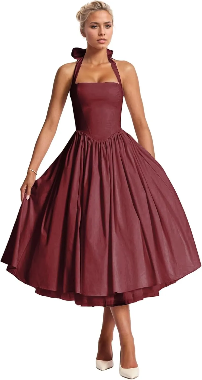 Halter Satin Prom Dress with Pockets Aline Midi Formal Wedding Guest Dresses Drop Waist Flowy Ball Gowns