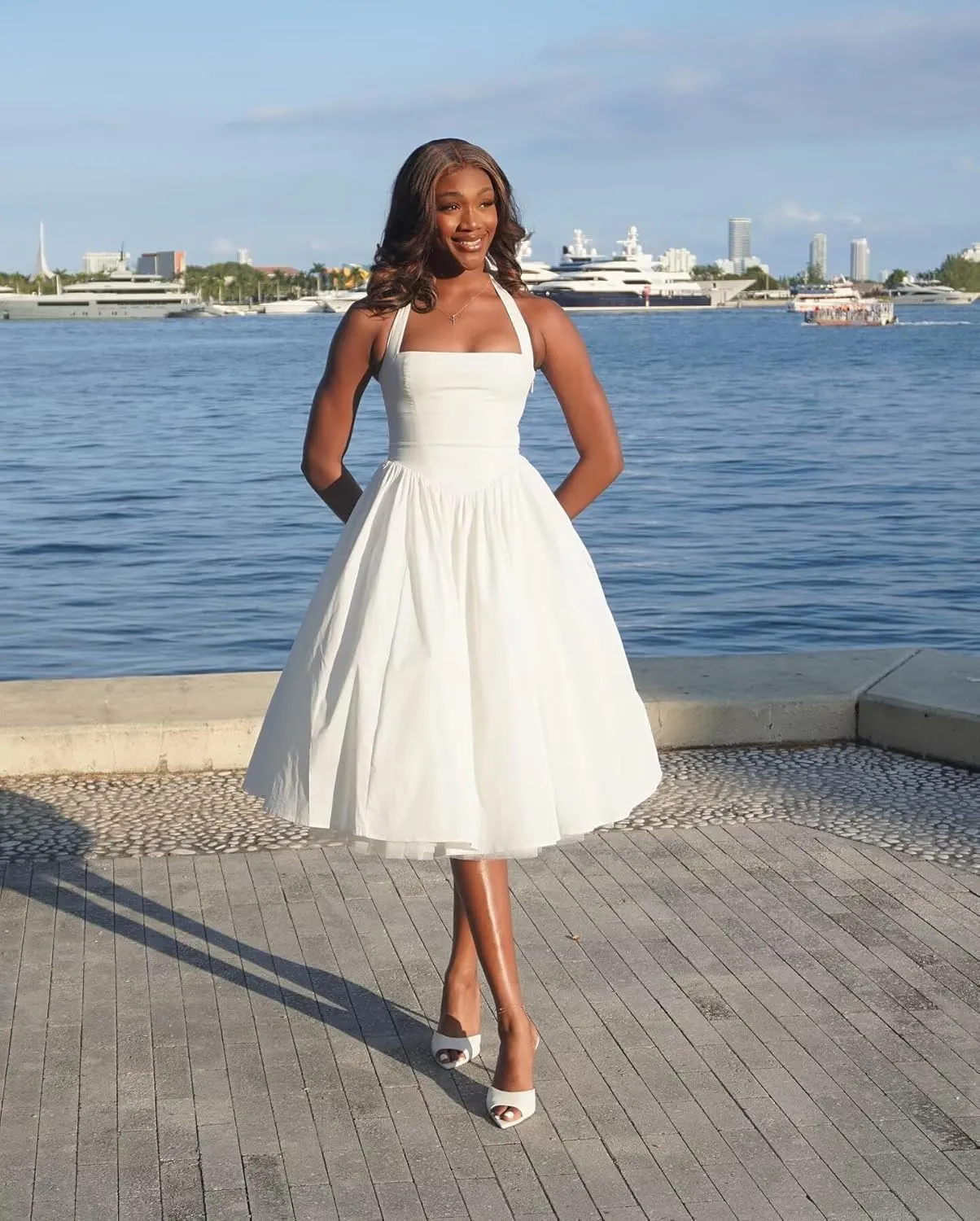 Halter Satin Prom Dress with Pockets Aline Midi Formal Wedding Guest Dresses Drop Waist Flowy Ball Gowns
