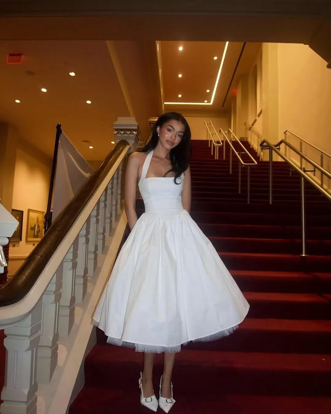 Halter Satin Prom Dress with Pockets Aline Midi Formal Wedding Guest Dresses Drop Waist Flowy Ball Gowns