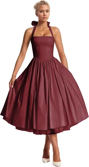 Halter Satin Prom Dress with Pockets Aline Midi Formal Wedding Guest Dresses Drop Waist Flowy Ball Gowns