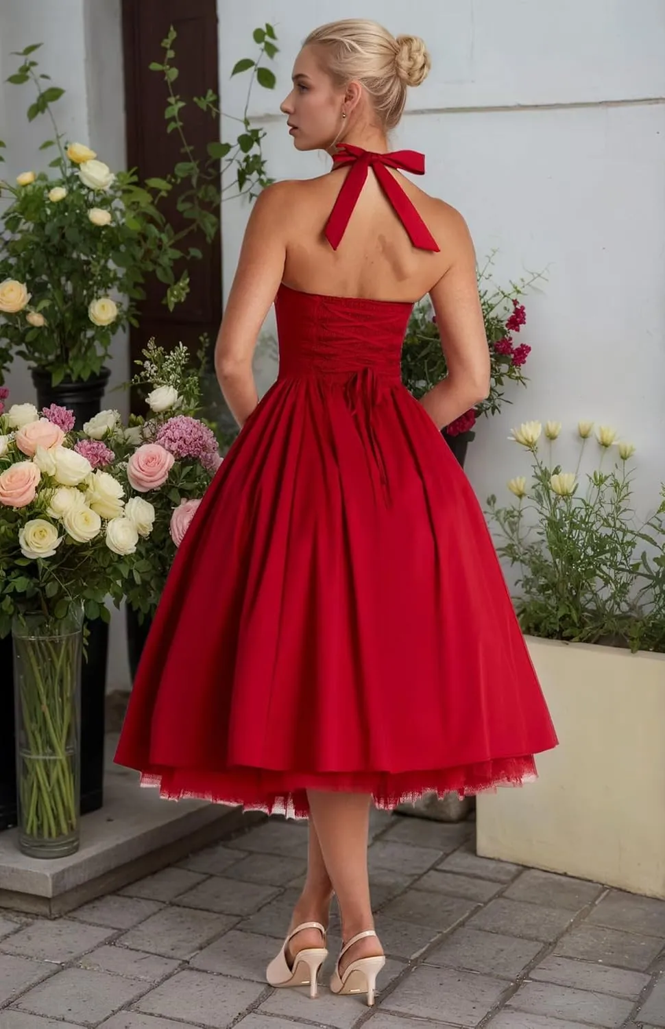Halter Satin Prom Dress with Pockets Aline Midi Formal Wedding Guest Dresses Drop Waist Flowy Ball Gowns