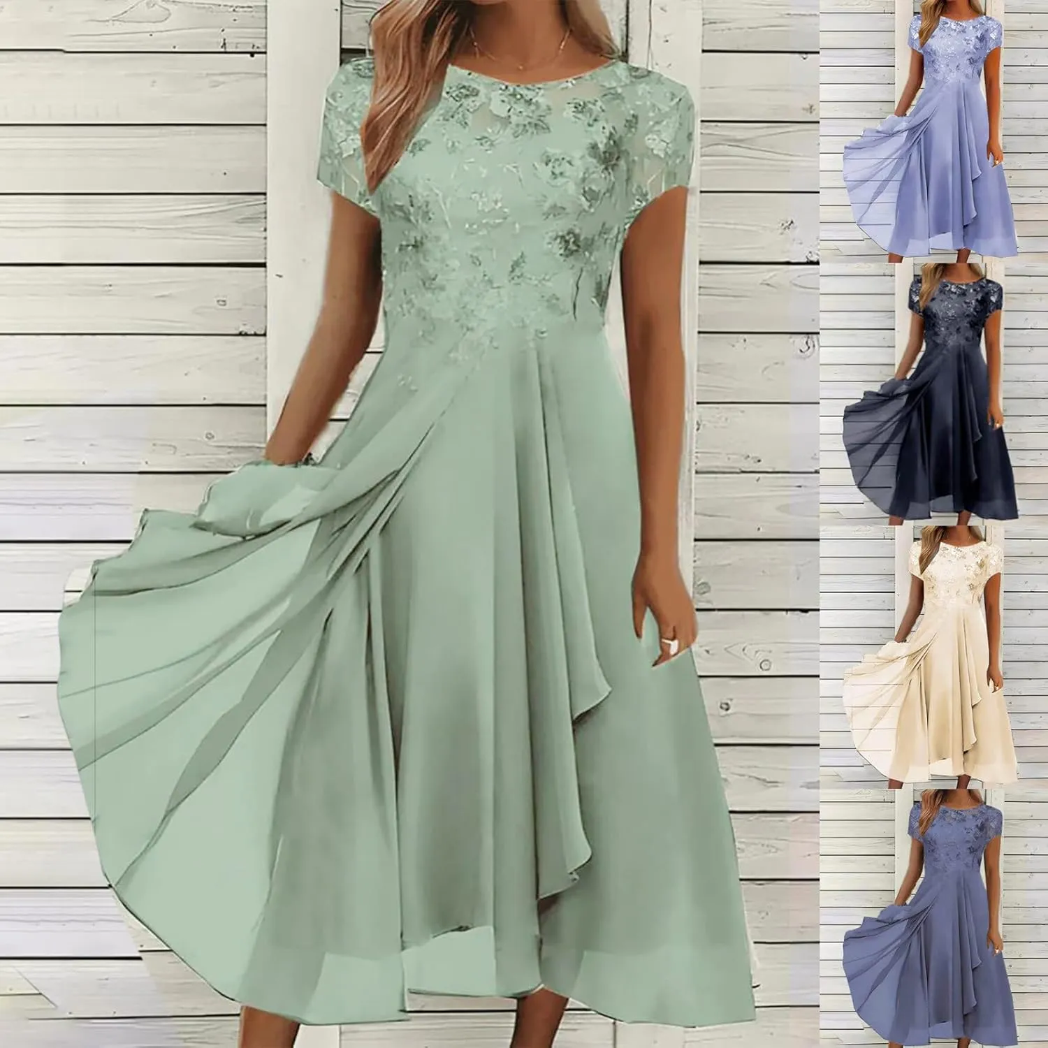 HGps8w Mother of The Groom Dresses for Wedding Half Sleeves Lace Appliques High Low Chiffon Scoop Neck Formal Evening Dress