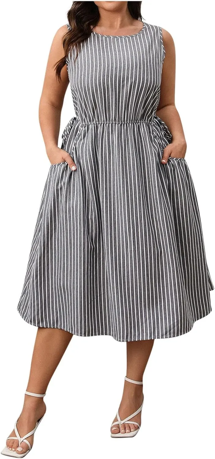 HGps8w Summer Dresses for Women 2025 Plus Size Elegant Striped A-Line Casual Sleeveless Wedding Guest Midi Dress with Pockets