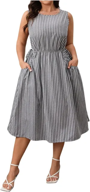 HGps8w Summer Dresses for Women 2025 Plus Size Elegant Striped A-Line Casual Sleeveless Wedding Guest Midi Dress with Pockets