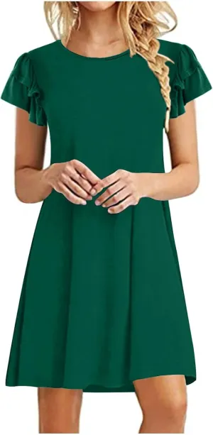 HGps8w Women 2025 Mini Dresses Summer Casual Ruffle Short Sleeve Cute Crew Neck Solid Color Flowy Dress with Pockets