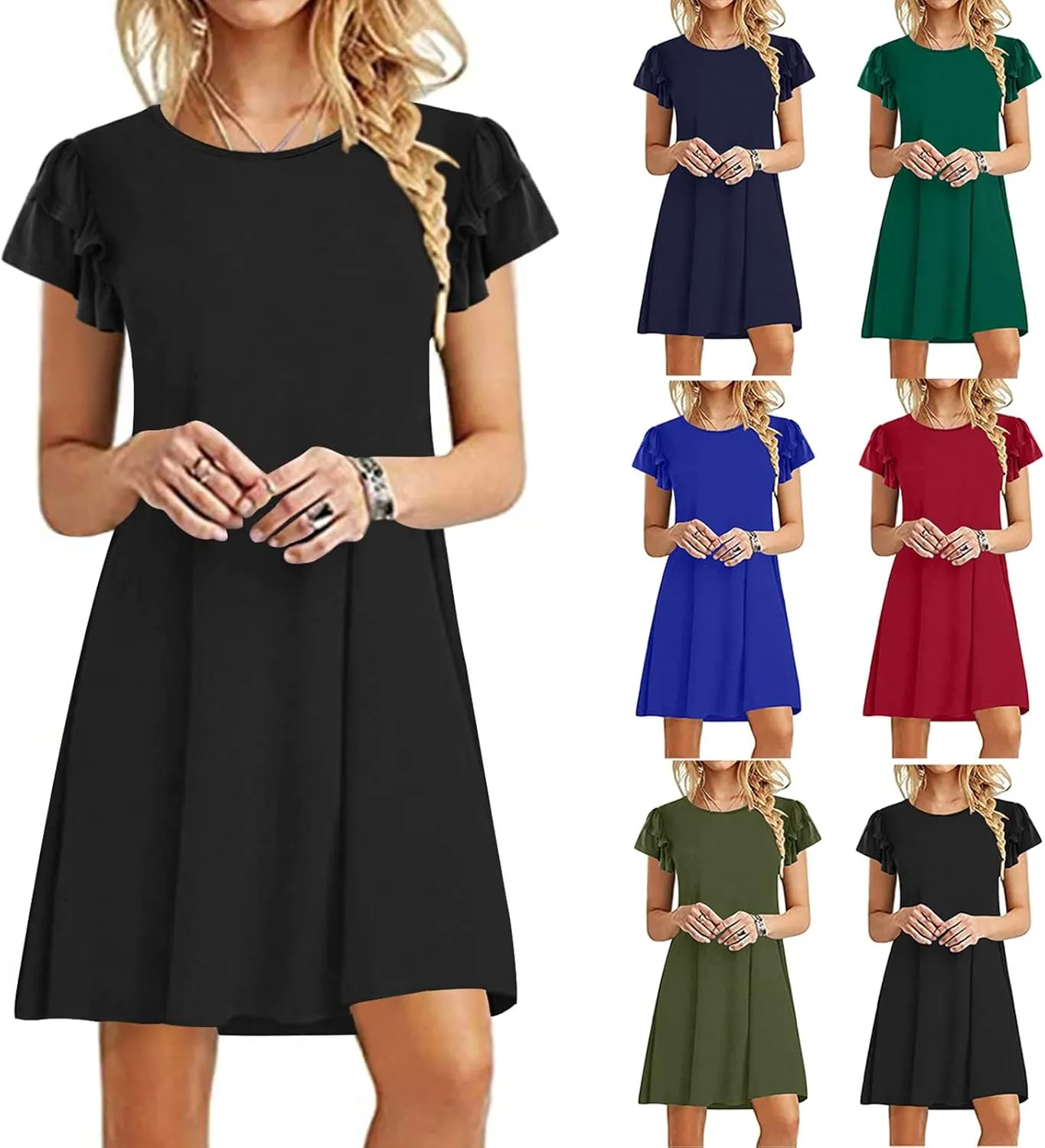 HGps8w Women 2025 Mini Dresses Summer Casual Ruffle Short Sleeve Cute Crew Neck Solid Color Flowy Dress with Pockets