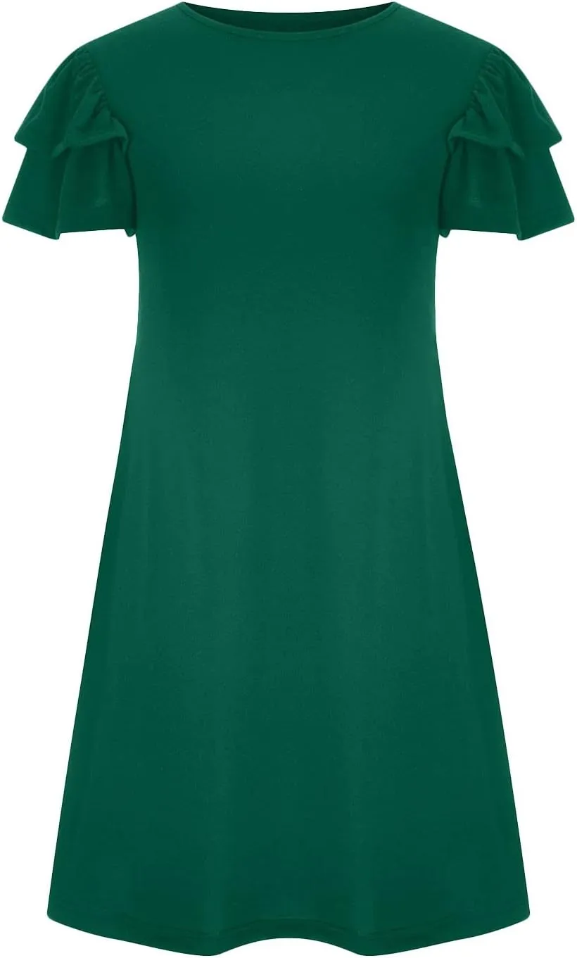 HGps8w Women 2025 Mini Dresses Summer Casual Ruffle Short Sleeve Cute Crew Neck Solid Color Flowy Dress with Pockets