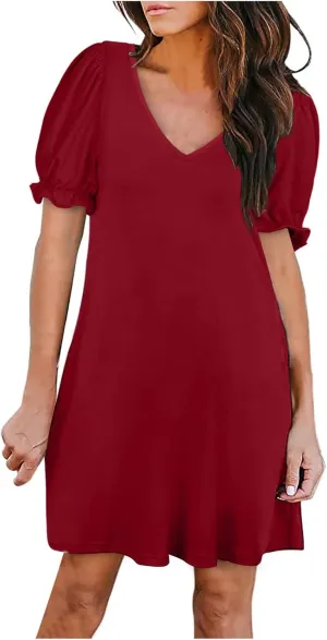 HGps8w Women's 2025 Casual Summer Dresses Cute Ruffle Hem V Neck Short Sleeve Solid Color A-Line Beach Sundress with Pockets