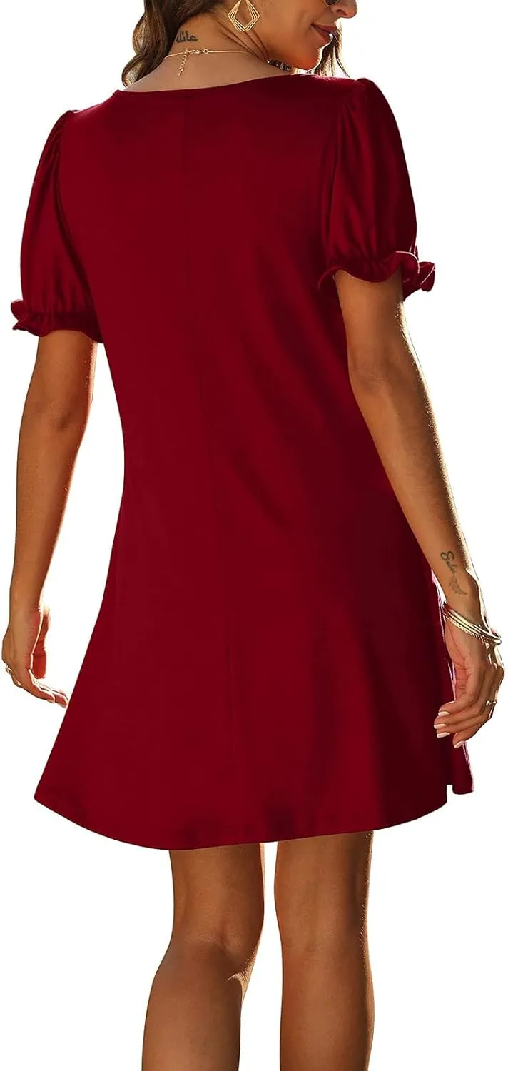 HGps8w Women's 2025 Casual Summer Dresses Cute Ruffle Hem V Neck Short Sleeve Solid Color A-Line Beach Sundress with Pockets