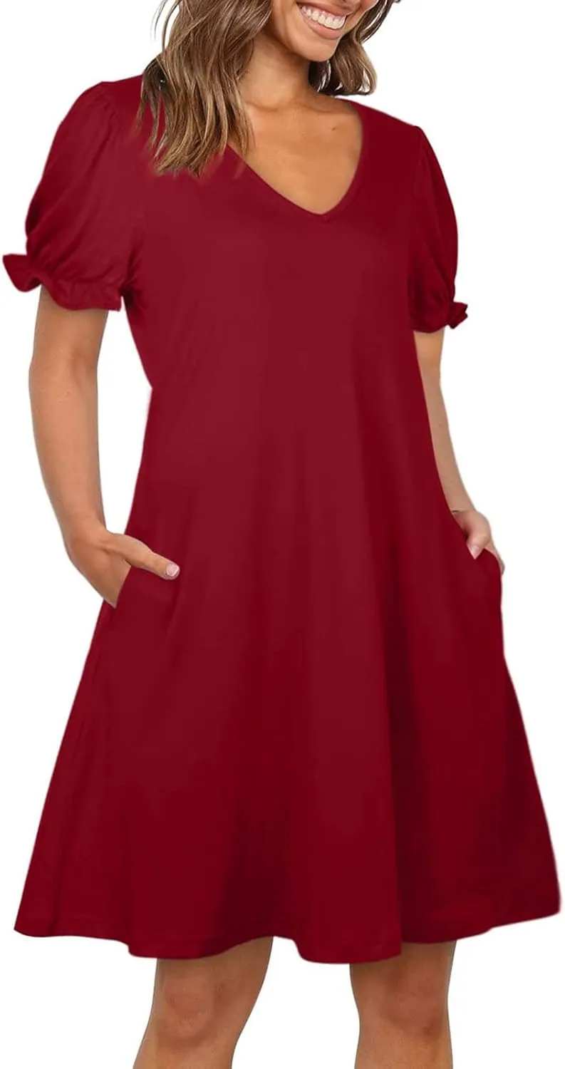 HGps8w Women's 2025 Casual Summer Dresses Cute Ruffle Hem V Neck Short Sleeve Solid Color A-Line Beach Sundress with Pockets