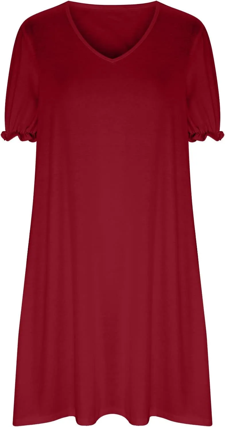 HGps8w Women's 2025 Casual Summer Dresses Cute Ruffle Hem V Neck Short Sleeve Solid Color A-Line Beach Sundress with Pockets
