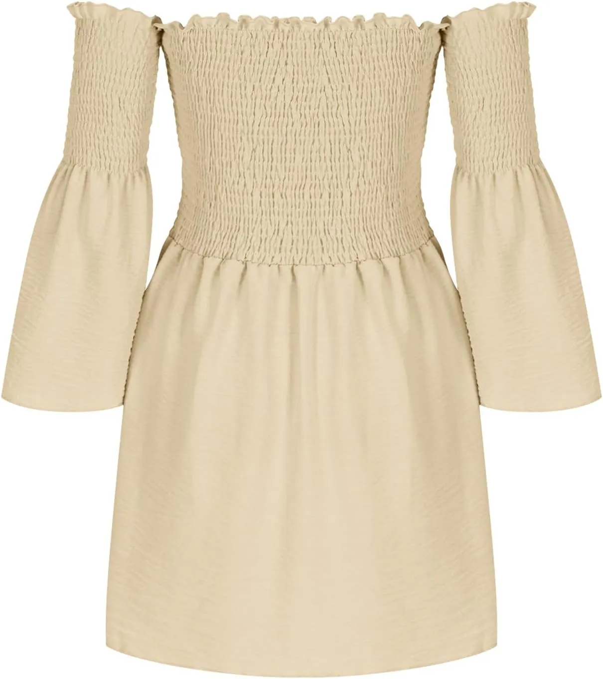 HGps8w Women's Off The Shoulder Mini Dress Smocked Long Bell Sleeve Ruffle Hem A Line Dresses