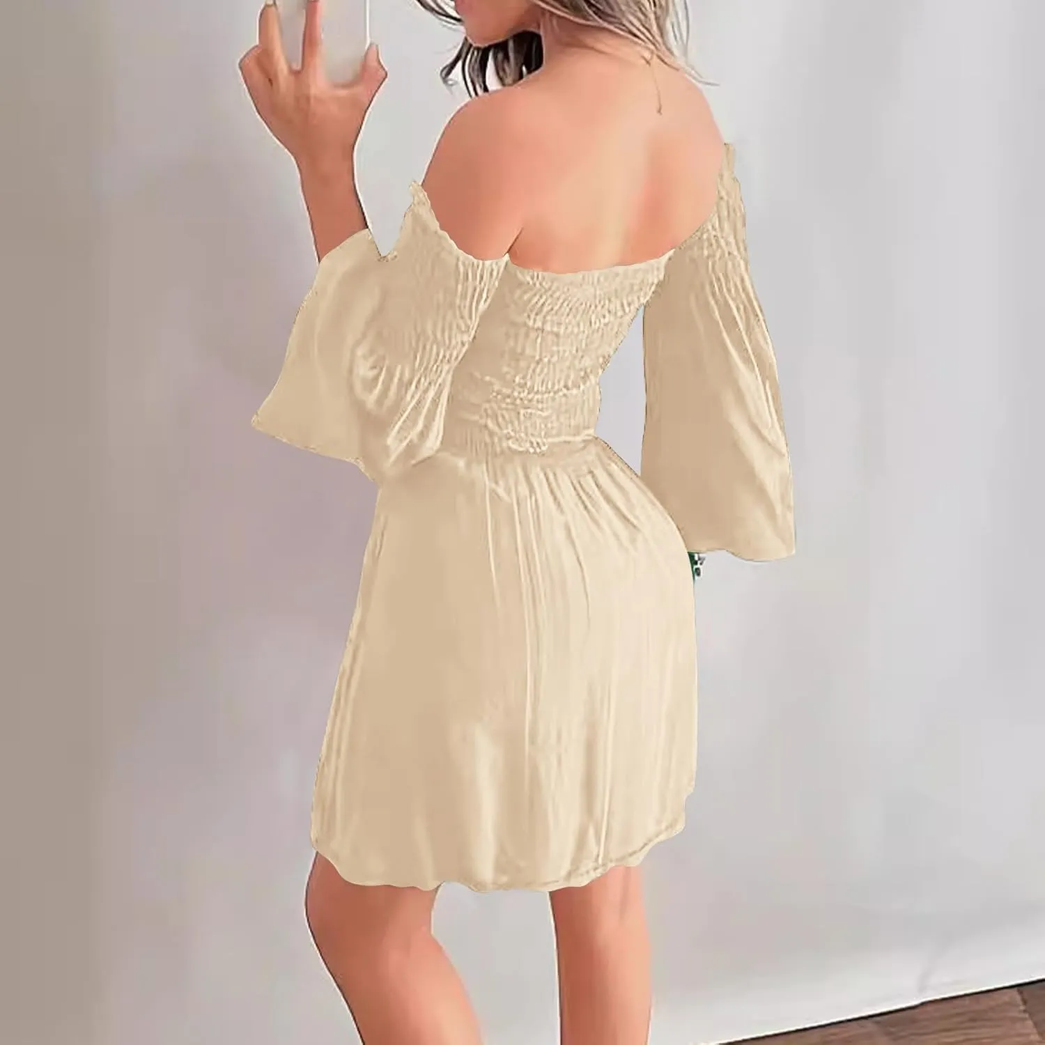 HGps8w Women's Off The Shoulder Mini Dress Smocked Long Bell Sleeve Ruffle Hem A Line Dresses
