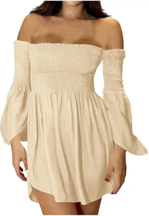 HGps8w Women's Off The Shoulder Mini Dress Smocked Long Bell Sleeve Ruffle Hem A Line Dresses