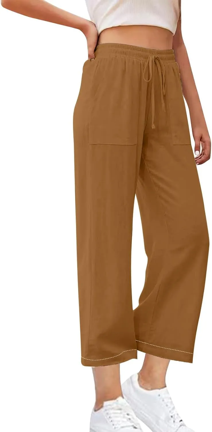 High Waisted Linen Pants Women Petite Summer Pants Casual Drawstring Straight Plus Size Lounge Trousers for Womens