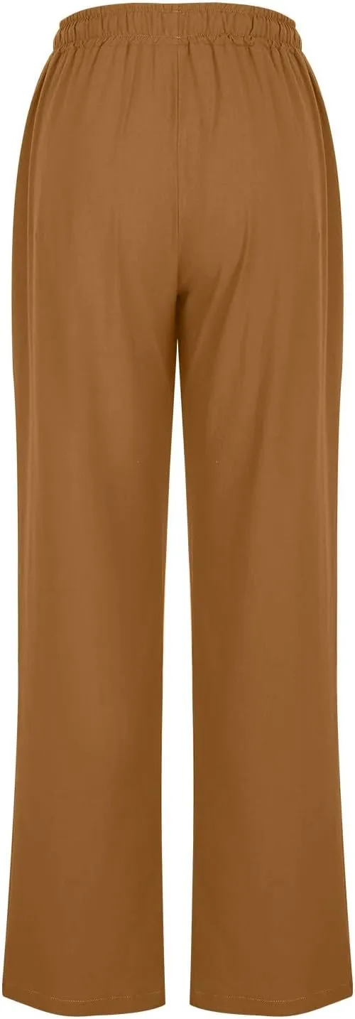 High Waisted Linen Pants Women Petite Summer Pants Casual Drawstring Straight Plus Size Lounge Trousers for Womens