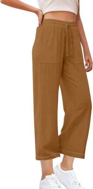 High Waisted Linen Pants Women Petite Summer Pants Casual Drawstring Straight Plus Size Lounge Trousers for Womens
