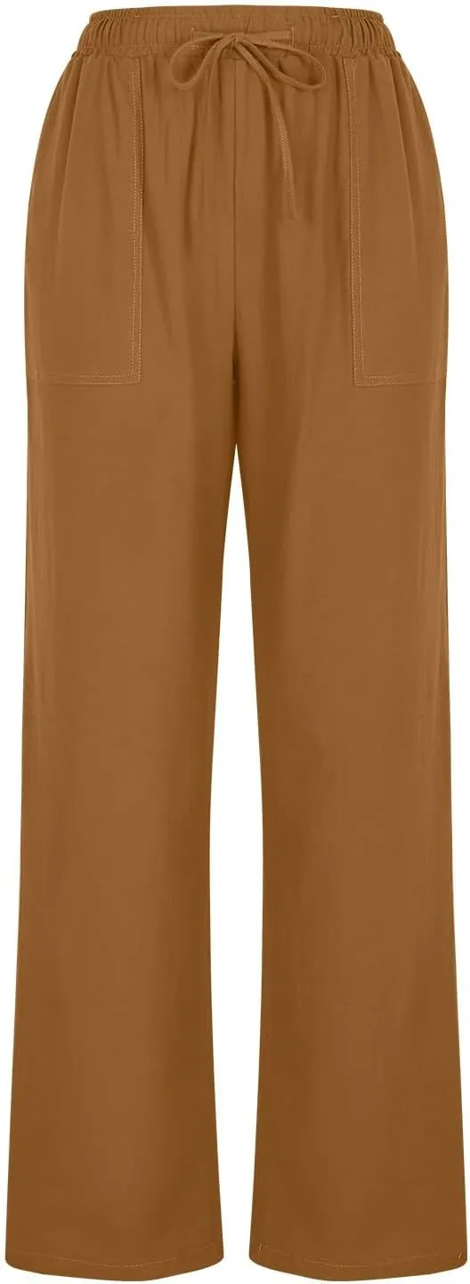 High Waisted Linen Pants Women Petite Summer Pants Casual Drawstring Straight Plus Size Lounge Trousers for Womens