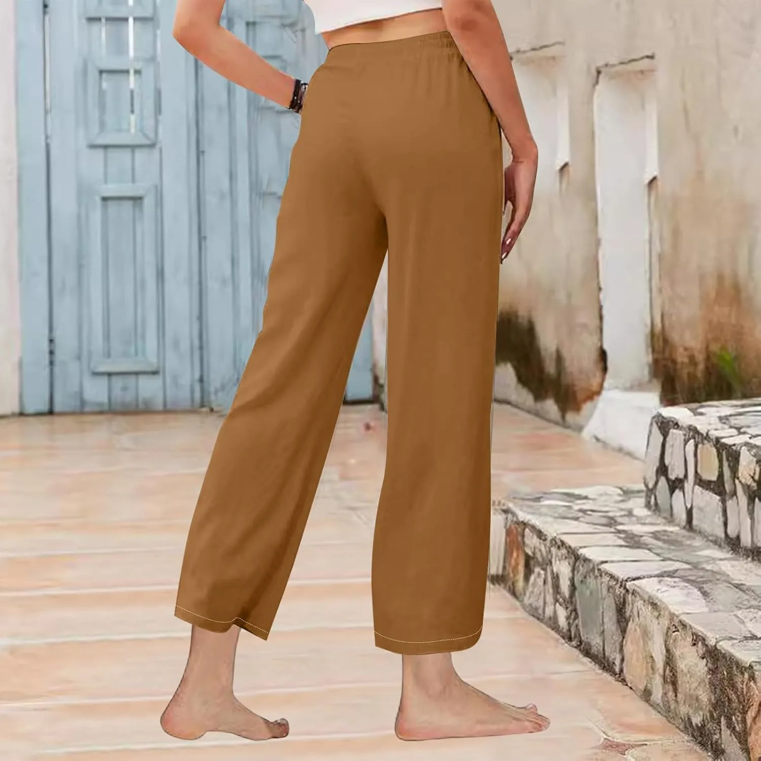 High Waisted Linen Pants Women Petite Summer Pants Casual Drawstring Straight Plus Size Lounge Trousers for Womens
