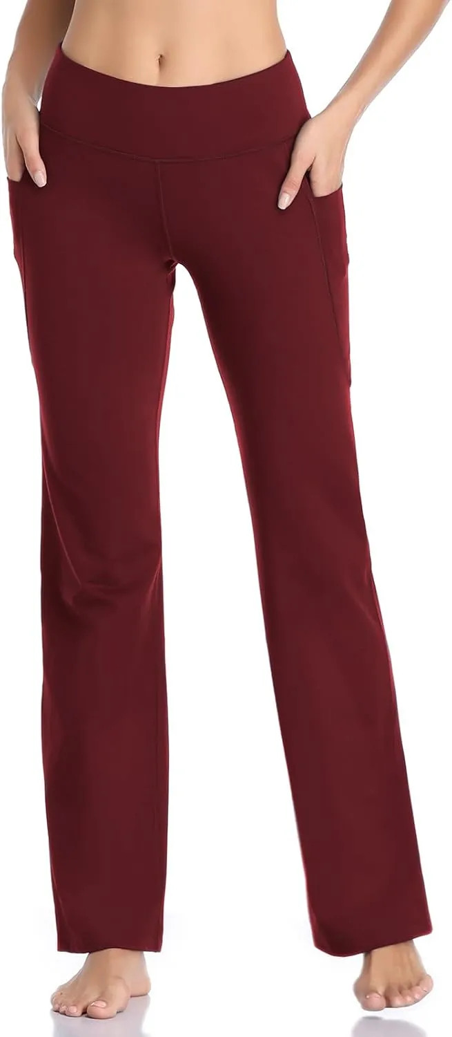 HISKYWIN Inner Pocket Yoga Pants 4 Way Stretch Tummy Control Workout Running Pants, Long Bootleg Flare Pants