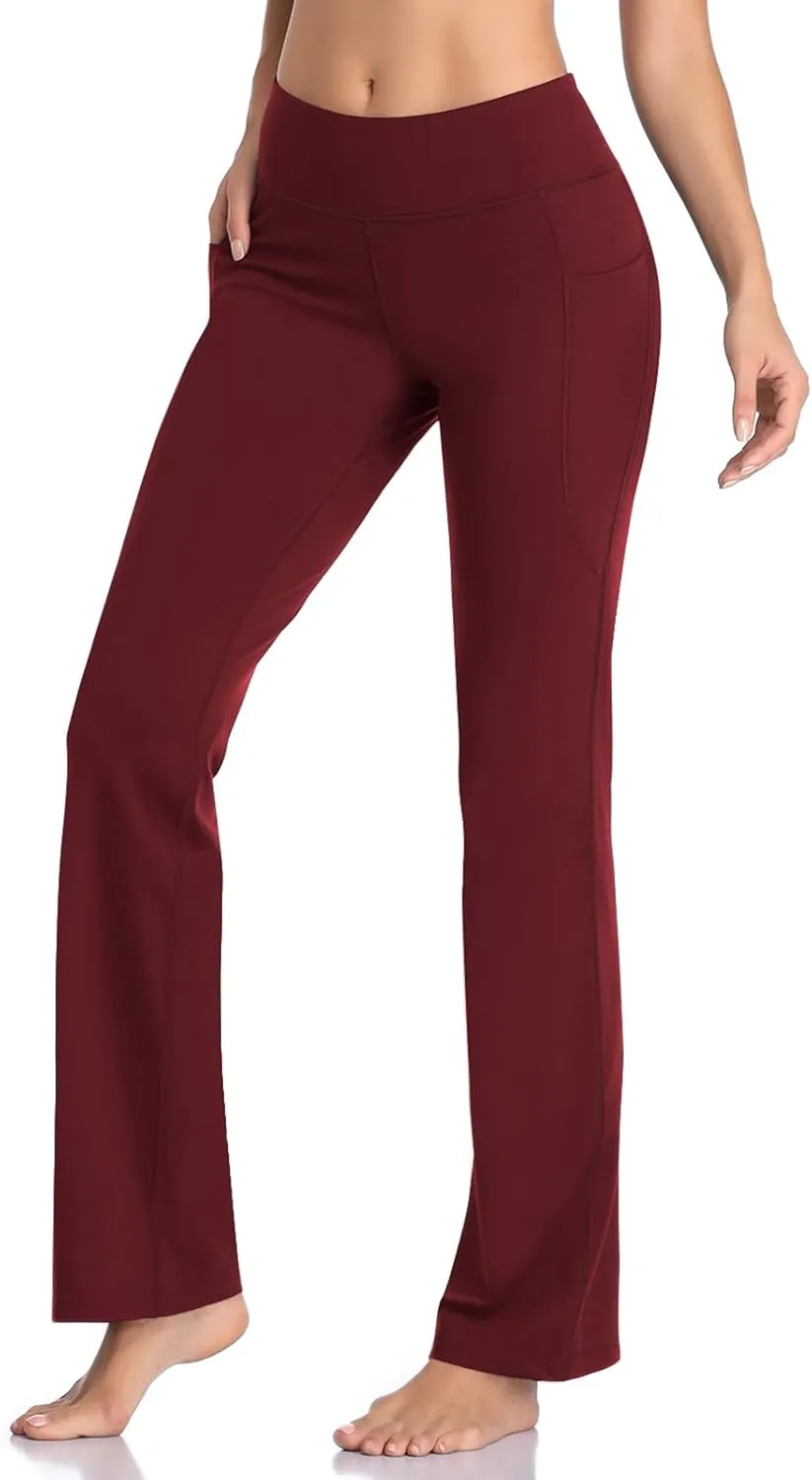 HISKYWIN Inner Pocket Yoga Pants 4 Way Stretch Tummy Control Workout Running Pants, Long Bootleg Flare Pants