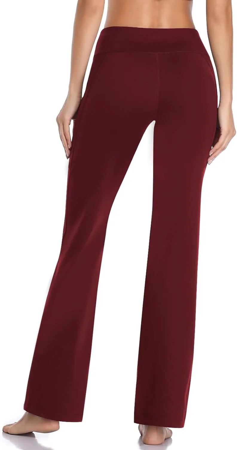 HISKYWIN Inner Pocket Yoga Pants 4 Way Stretch Tummy Control Workout Running Pants, Long Bootleg Flare Pants