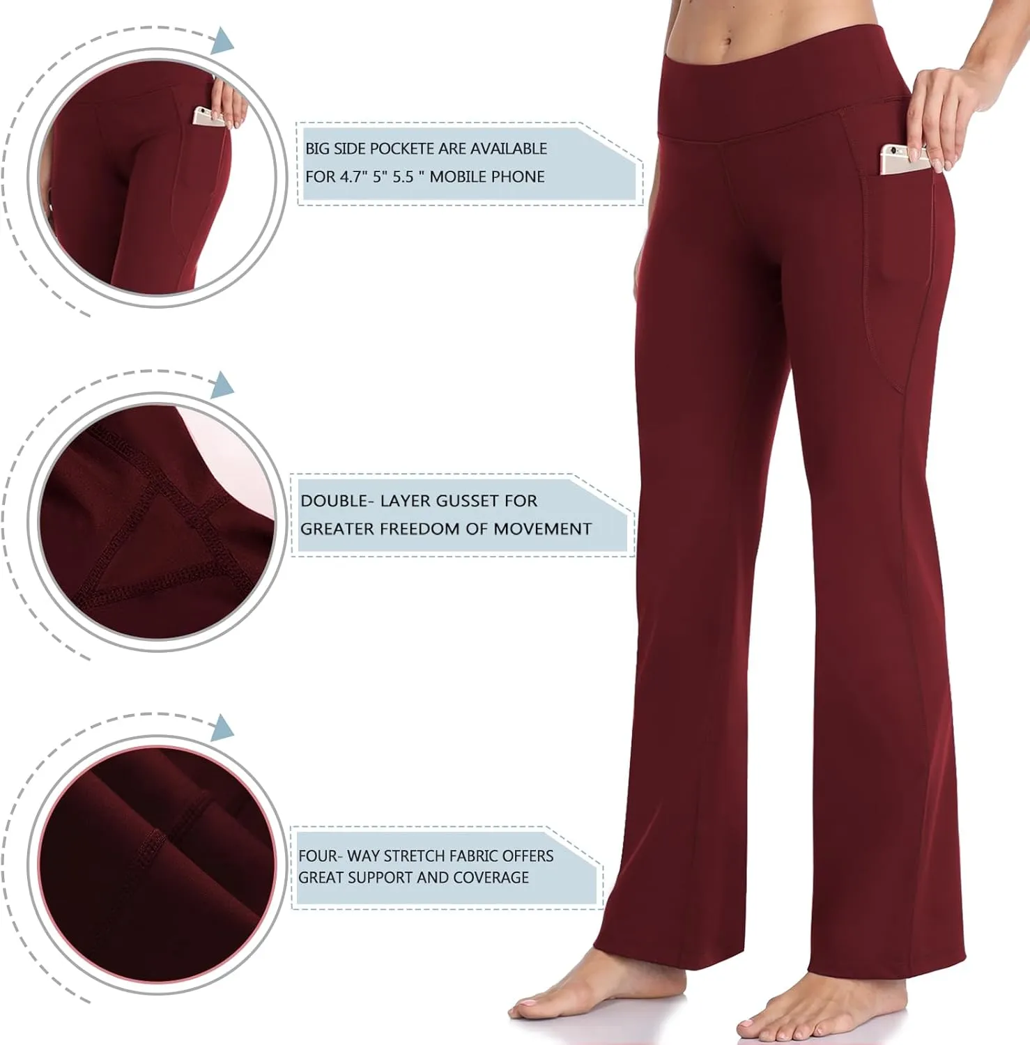 HISKYWIN Inner Pocket Yoga Pants 4 Way Stretch Tummy Control Workout Running Pants, Long Bootleg Flare Pants