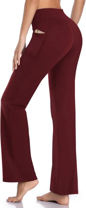 HISKYWIN Inner Pocket Yoga Pants 4 Way Stretch Tummy Control Workout Running Pants, Long Bootleg Flare Pants