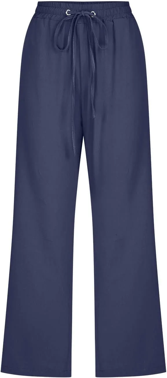 hlysgo Cotton Linen Capri Pants for Women High Waisted Drawstring Casual Capris Summer Loose Comfy Beach Cropped Trouser
