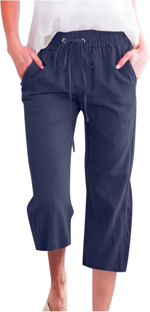 hlysgo Cotton Linen Capri Pants for Women High Waisted Drawstring Casual Capris Summer Loose Comfy Beach Cropped Trouser