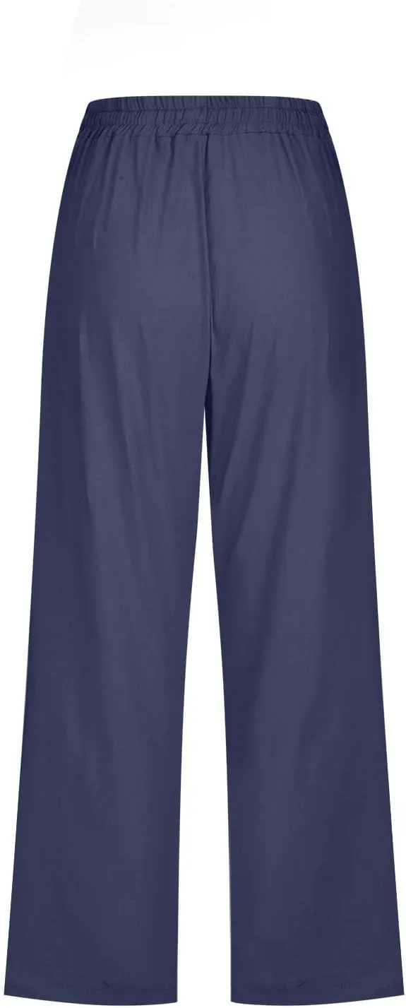hlysgo Cotton Linen Capri Pants for Women High Waisted Drawstring Casual Capris Summer Loose Comfy Beach Cropped Trouser
