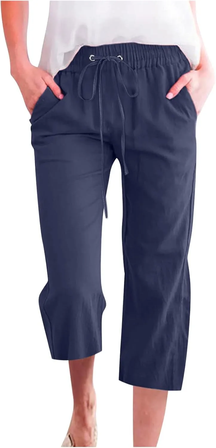 hlysgo Cotton Linen Capri Pants for Women High Waisted Drawstring Casual Capris Summer Loose Comfy Beach Cropped Trouser