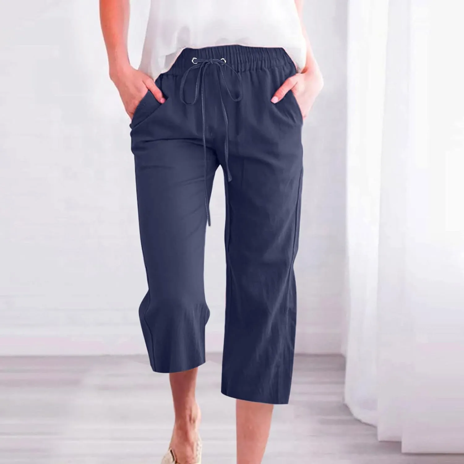 hlysgo Cotton Linen Capri Pants for Women High Waisted Drawstring Casual Capris Summer Loose Comfy Beach Cropped Trouser