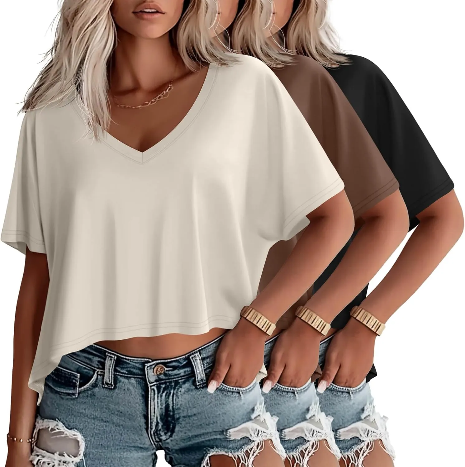 Huukeay 3 Pack Oversized T Shirts for Women Short Sleeve Crop Tops V Neck Irregular Hem Baggy Cropped Tees