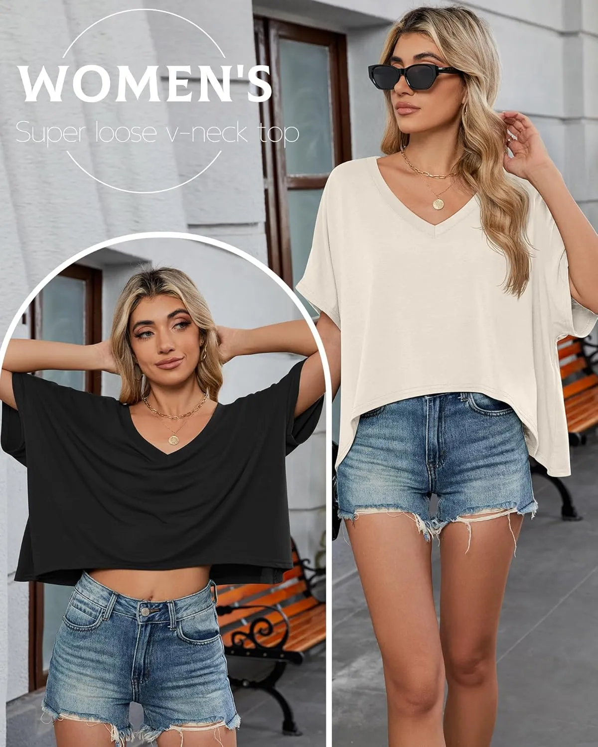 Huukeay 3 Pack Oversized T Shirts for Women Short Sleeve Crop Tops V Neck Irregular Hem Baggy Cropped Tees