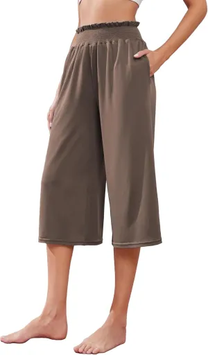 iChunhua Wide Leg Capri Yoga Pants for Women Loose Summer Ruffles High Rise Cropped Bottom with Pockets