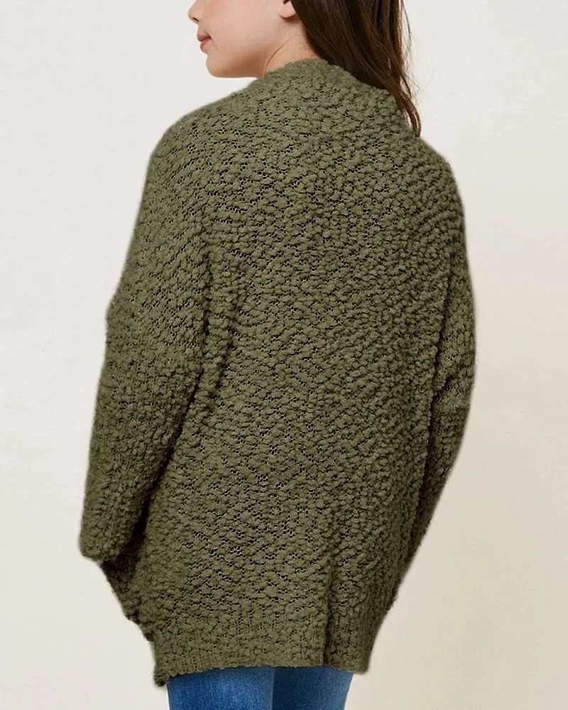 Imily Bela Girls Cardigan Open Front Popcorn Knit Long Sleeve Sweaters Coat with Pockets