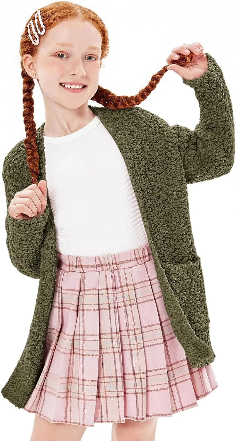 Imily Bela Girls Cardigan Open Front Popcorn Knit Long Sleeve Sweaters Coat with Pockets